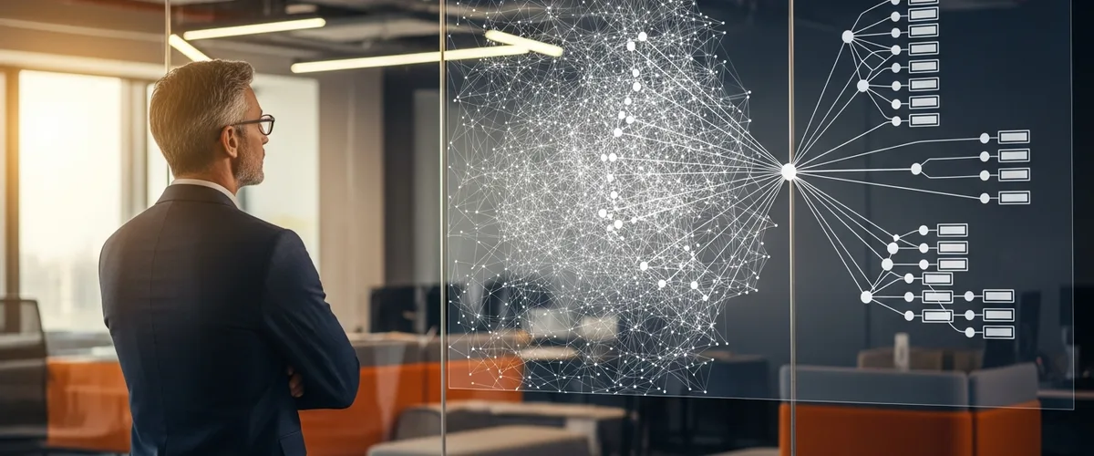 Engineering leader studying a glass wall where a tangle of point-to-point integrations resolves into a clean decoupled hub-and-spoke architecture
