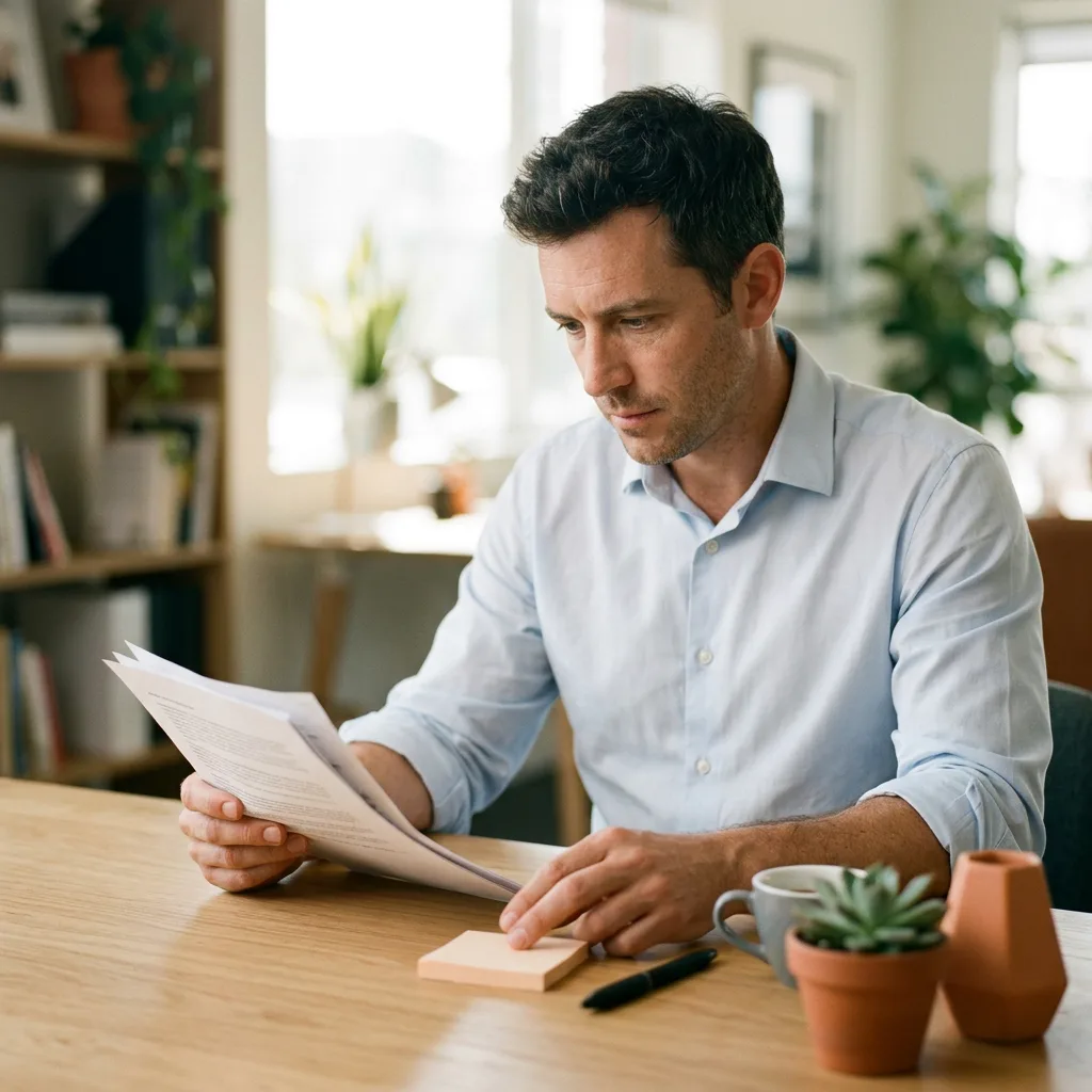 Principal product manager reviewing a printed product strategy brief at a desk