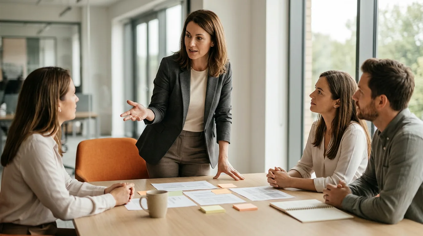 Principal product manager leading a product strategy discussion with a small team in a bright office