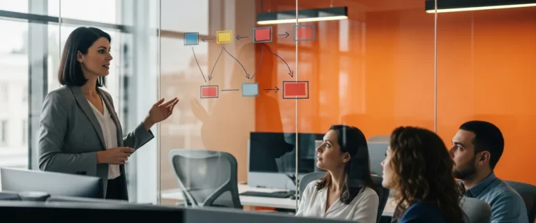 Product manager presenting a product roadmap on a glass wall to a cross-functional team