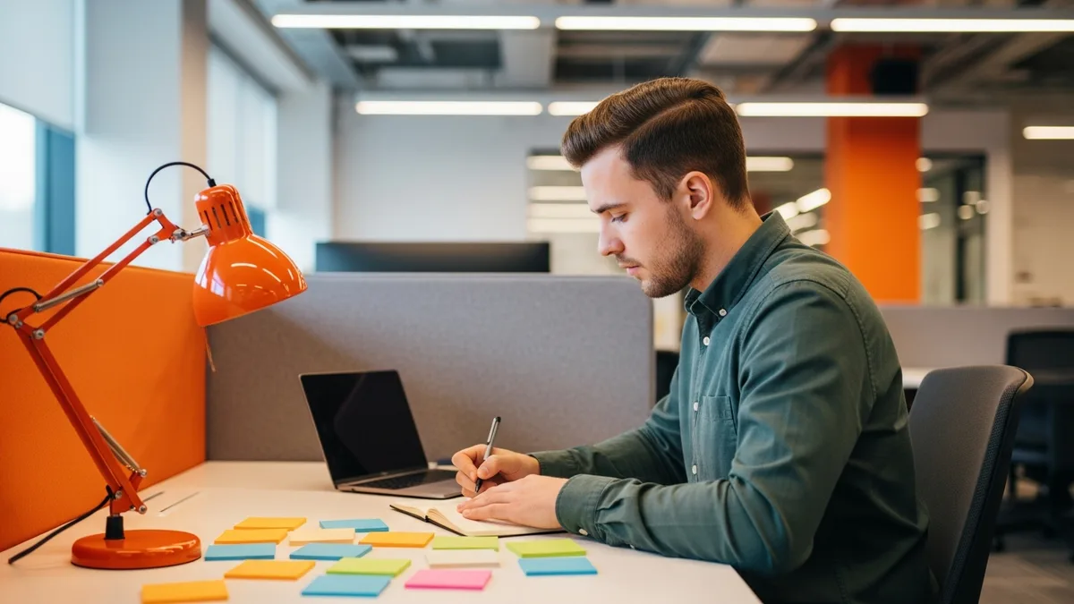 Associate product manager taking notes at a sticky-note-covered desk early in the product manager career path