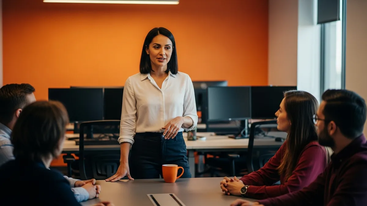 Product manager leading a cross-functional stand-up meeting with engineers and designers