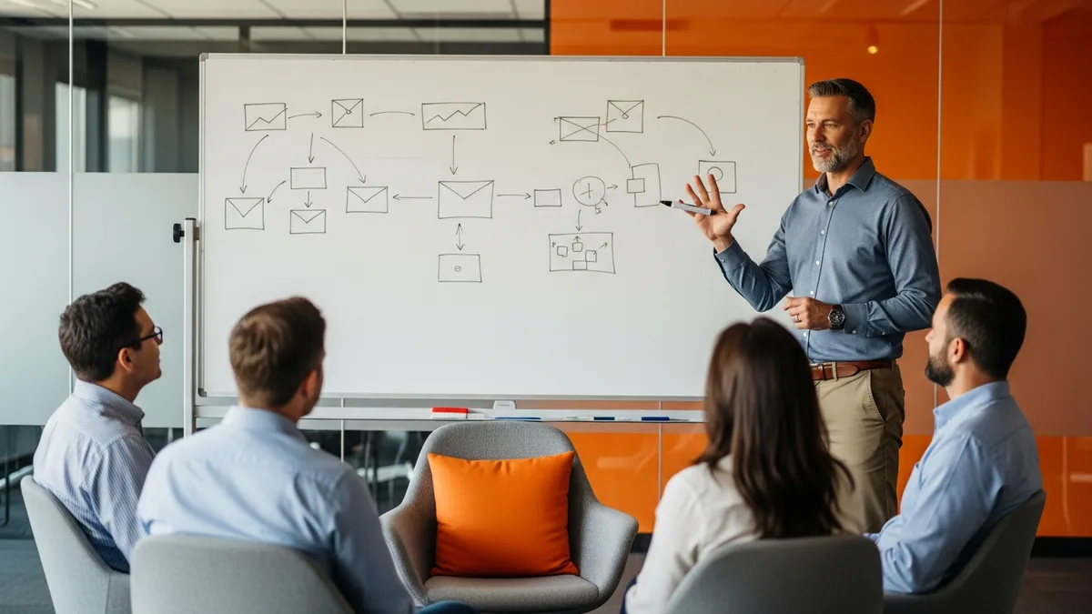 Senior product leader running a strategy session at a whiteboard with the product team