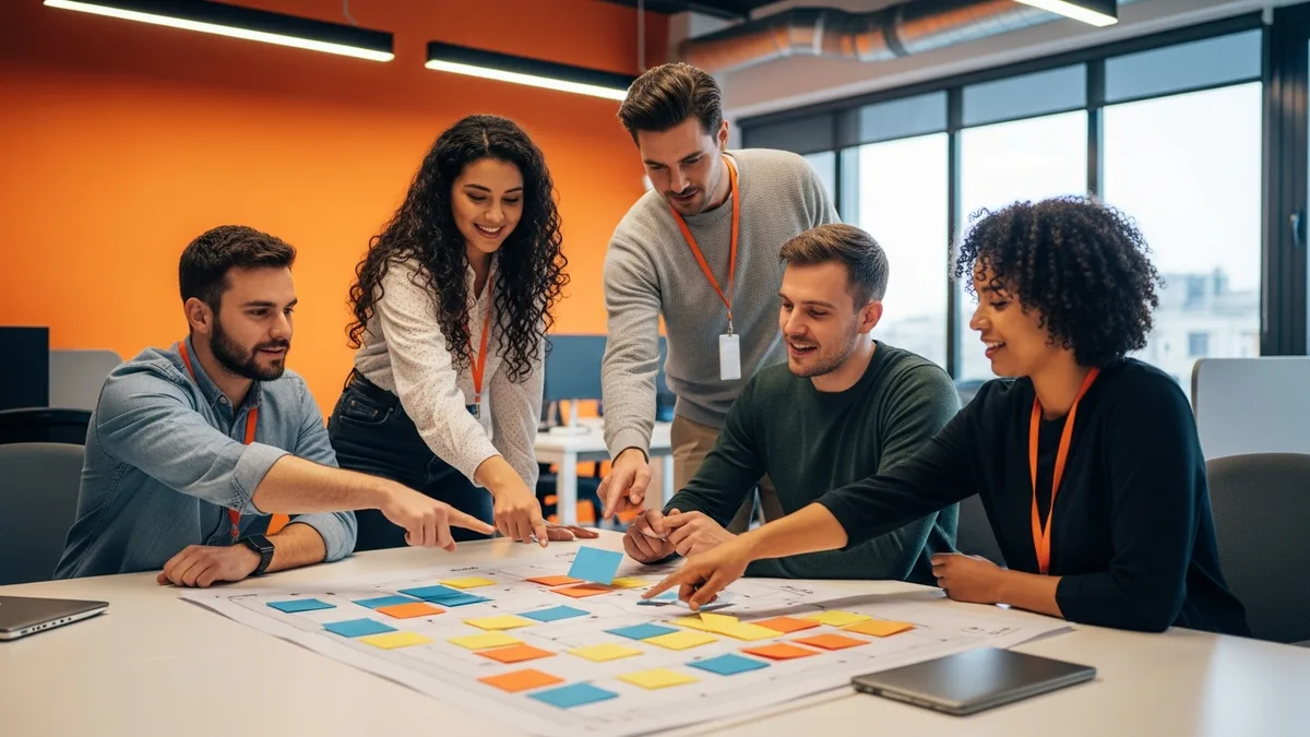 Product team collaborating around a planning board to map the product roadmap