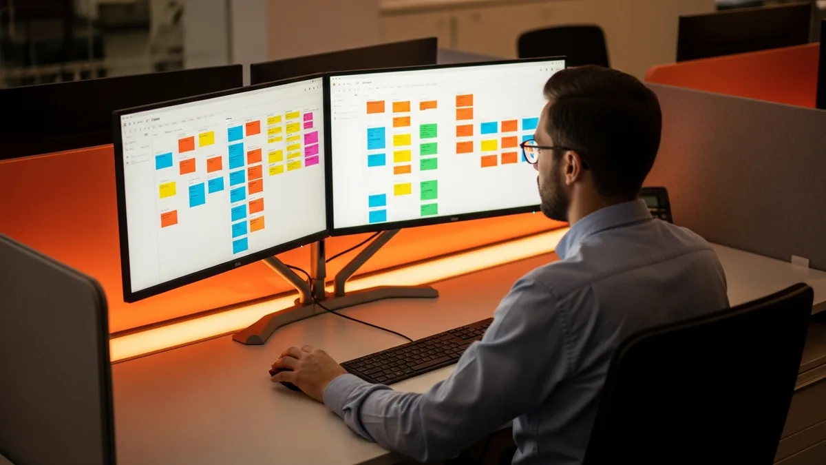 Product manager reviewing a kanban roadmap board at a dual-monitor workstation during a hiring search