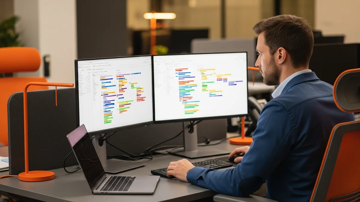 Product owner reviewing a colorful product backlog and kanban board on a dual-monitor workstation