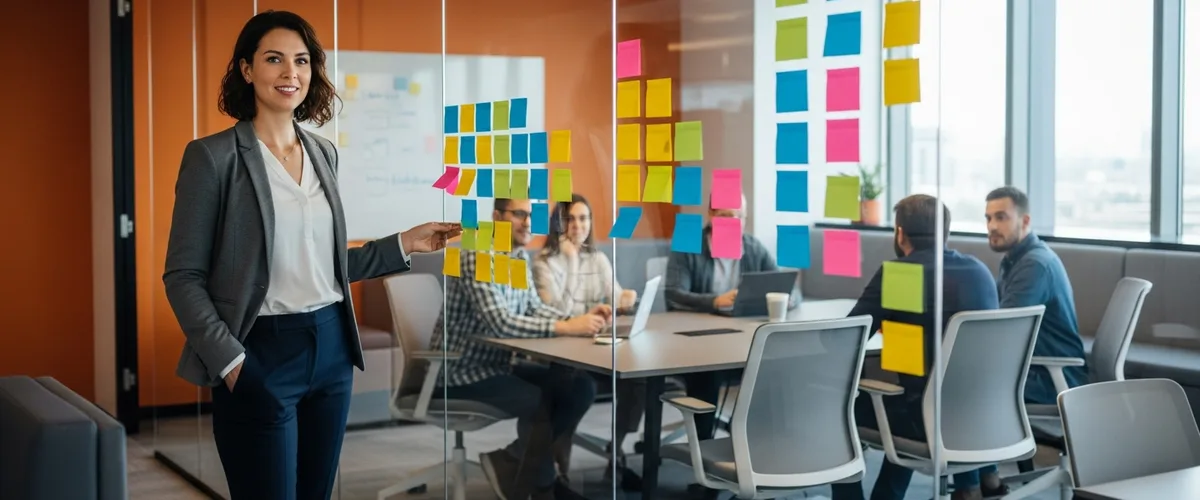 Product owner leading an agile sprint planning session with sticky notes and her team in a modern office