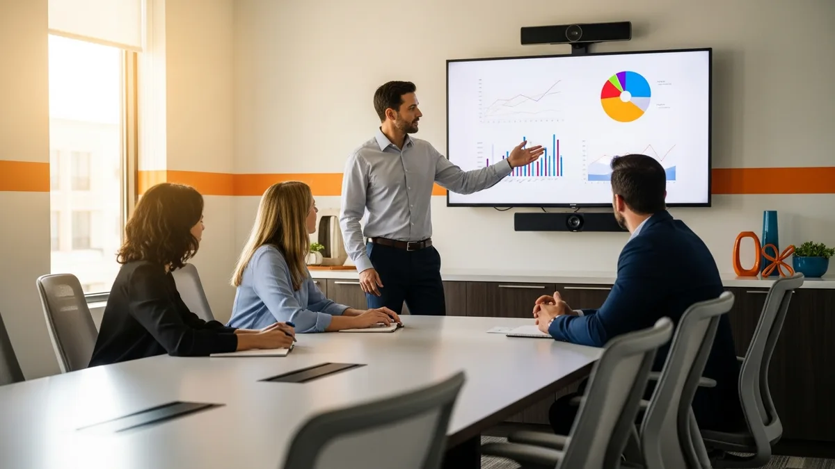 Product owner presenting sprint review charts to two stakeholders in a conference room