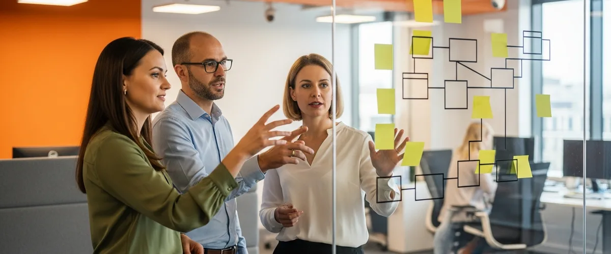 Three product leaders planning a product team org chart on a glass wall covered in boxes and sticky notes