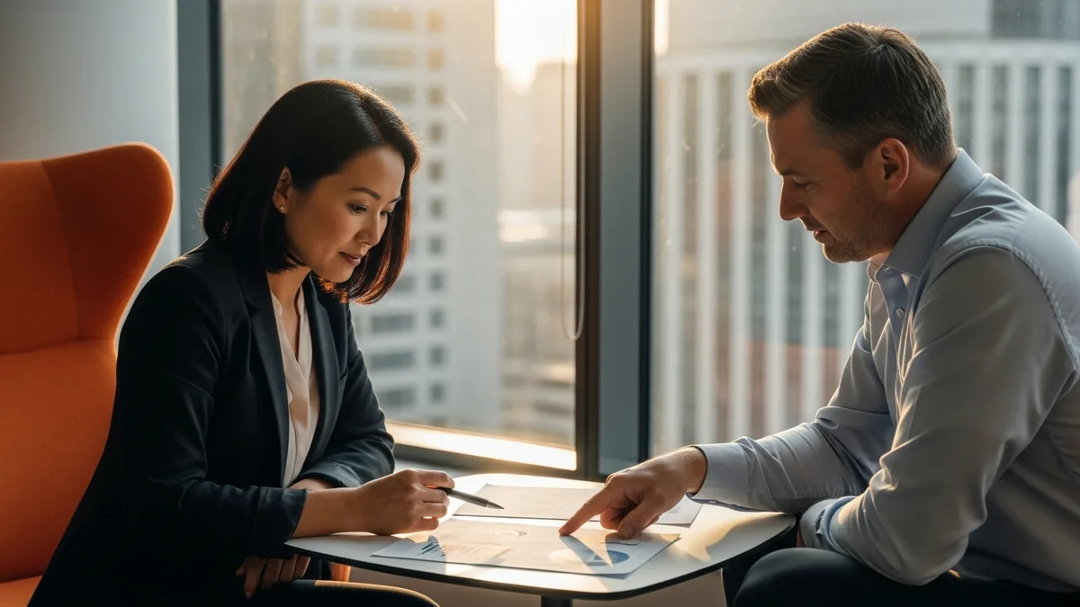 Product leader and company founder reviewing a printed product roadmap in a one-on-one meeting by an office window
