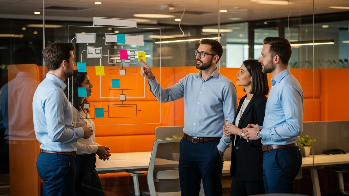 Cross-functional product team mapping a roadmap on a glass whiteboard