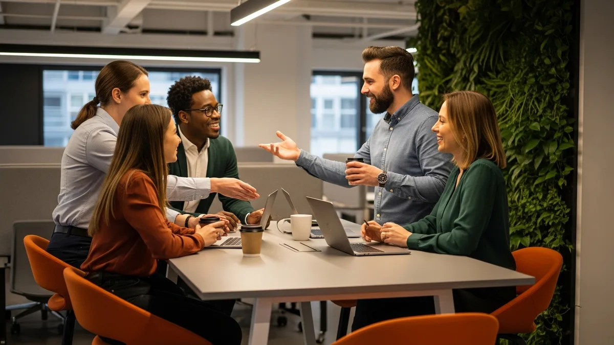 Product team of five in a standing huddle around laptops and coffee discussing product priorities