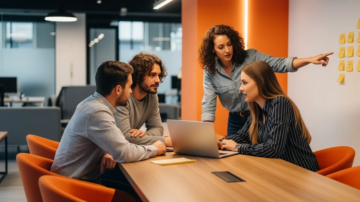 Product team of a product manager, designer, and engineer collaborating around a laptop by a sticky-note wall