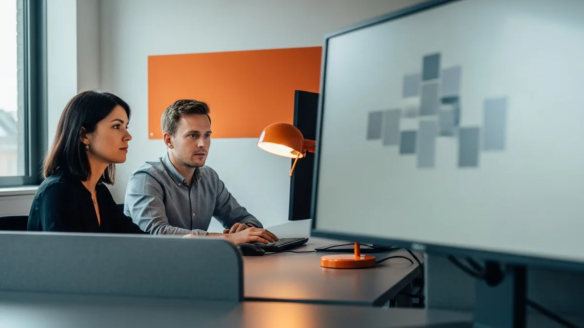 Two engineers reviewing large language model output on a monitor in a modern office