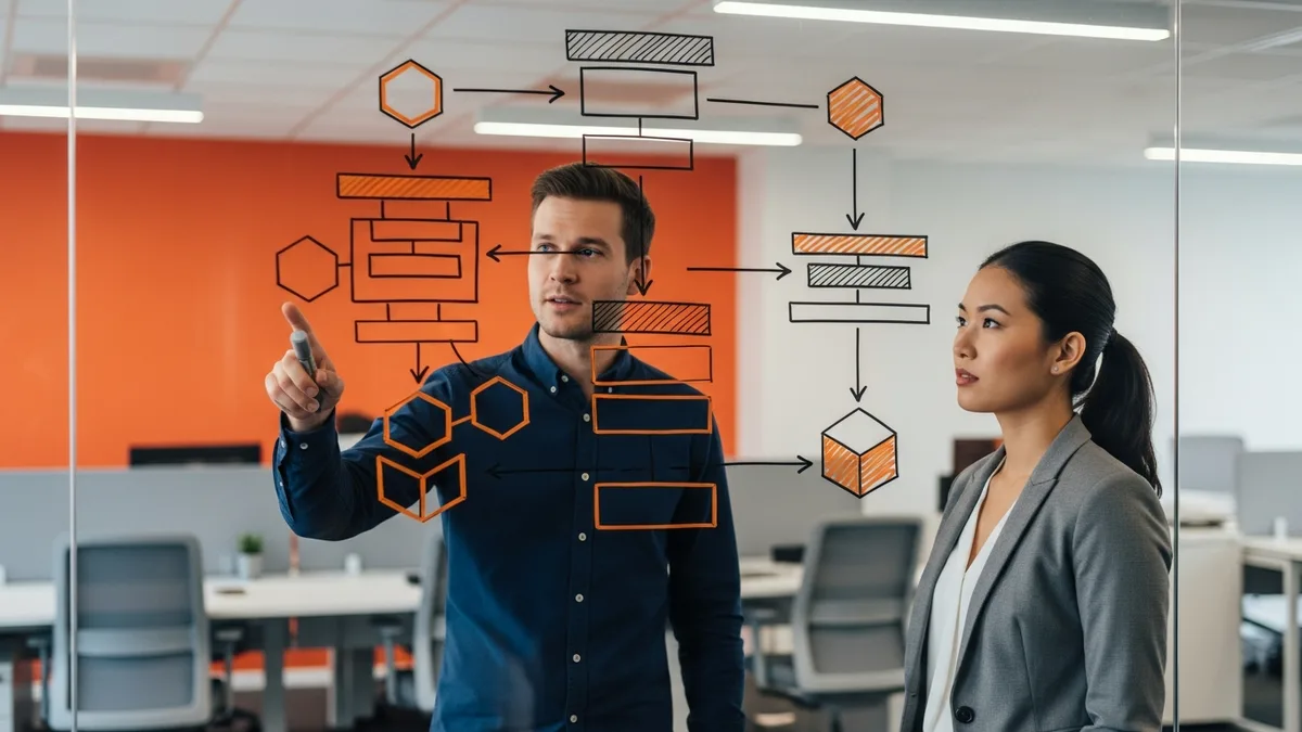 Two AI engineers mapping an LLM pipeline on a glass whiteboard with connected shapes and arrows