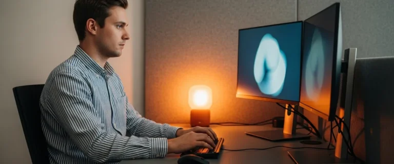 Prompt engineer working at a dual-monitor workstation reviewing model output