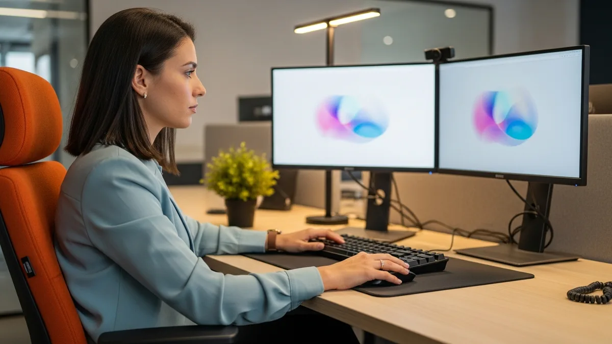 Python developer coding at a dual-monitor workstation in a modern office with orange accents