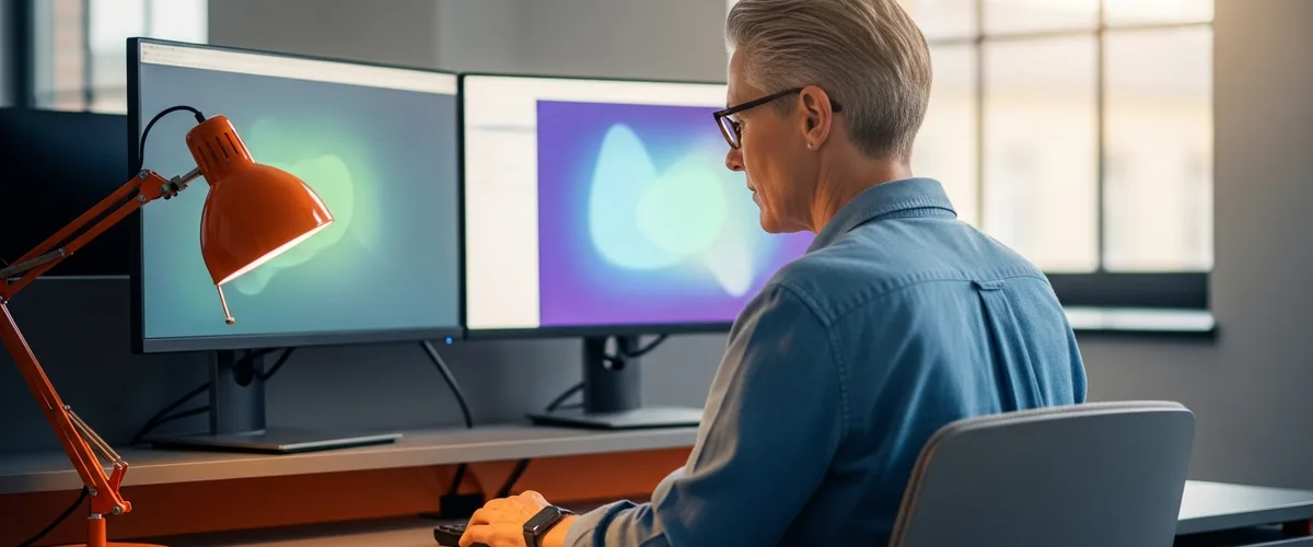 Senior Python software engineer reviewing work at a modern workstation with an orange desk lamp