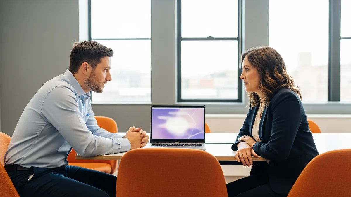 Two technology hiring managers discussing Python developer compensation at a conference table