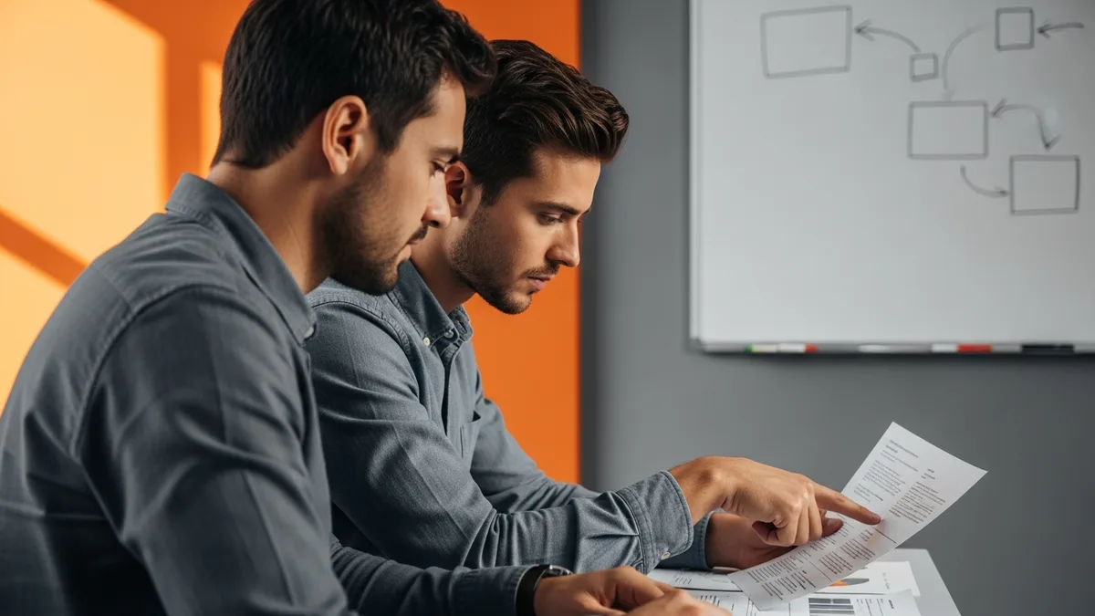 Two engineers reviewing a printed React take-home assignment during a live code review round