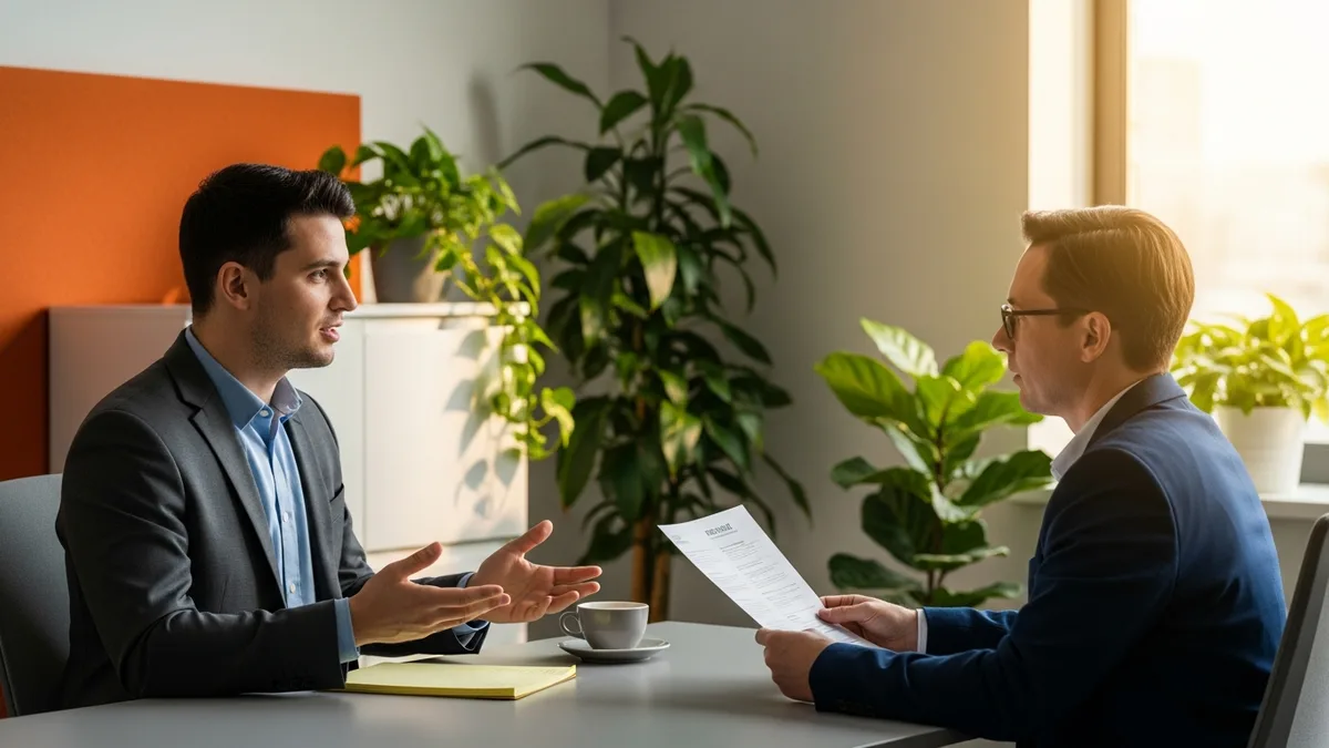 React developer candidate explaining a technical answer while an interviewer reviews a printed resume at a modern office
