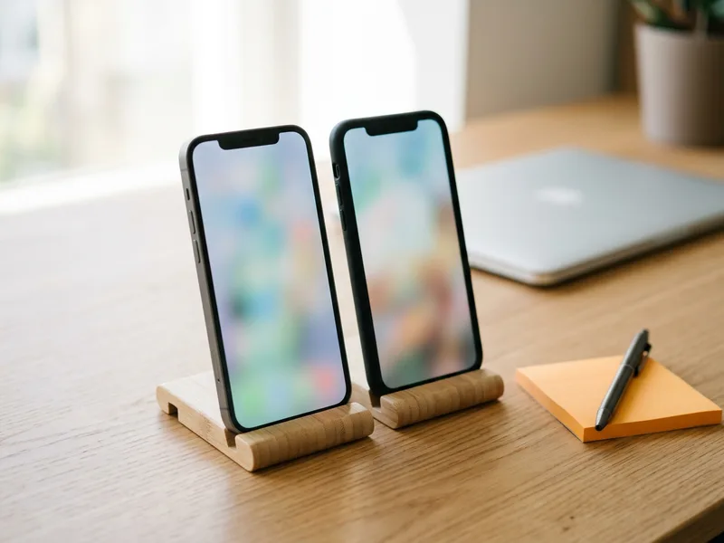 Two smartphones on stands running the same React Native app beside a laptop, cross-platform mobile development for iOS and Android