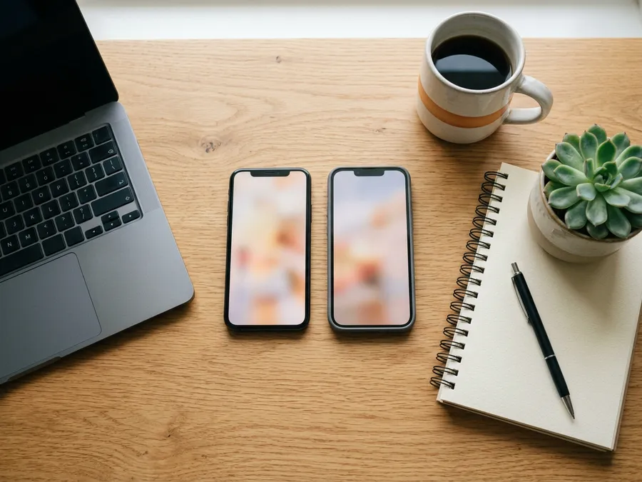 React Native developer staffing workspace with iPhone and Android phone running the same app from one codebase, KORE1 React Native staffing