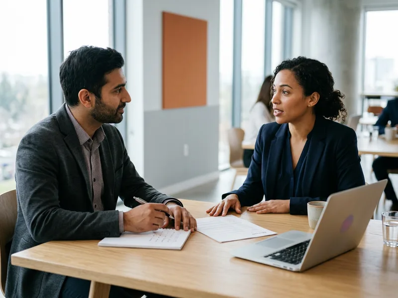 KORE1 technical recruiter and a React Native candidate in an interview with a printed resume on the table, React Native staffing screen