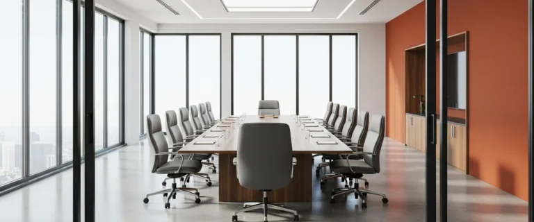 Empty modern executive boardroom with one open chair at the head of a walnut conference table and an orange accent wall