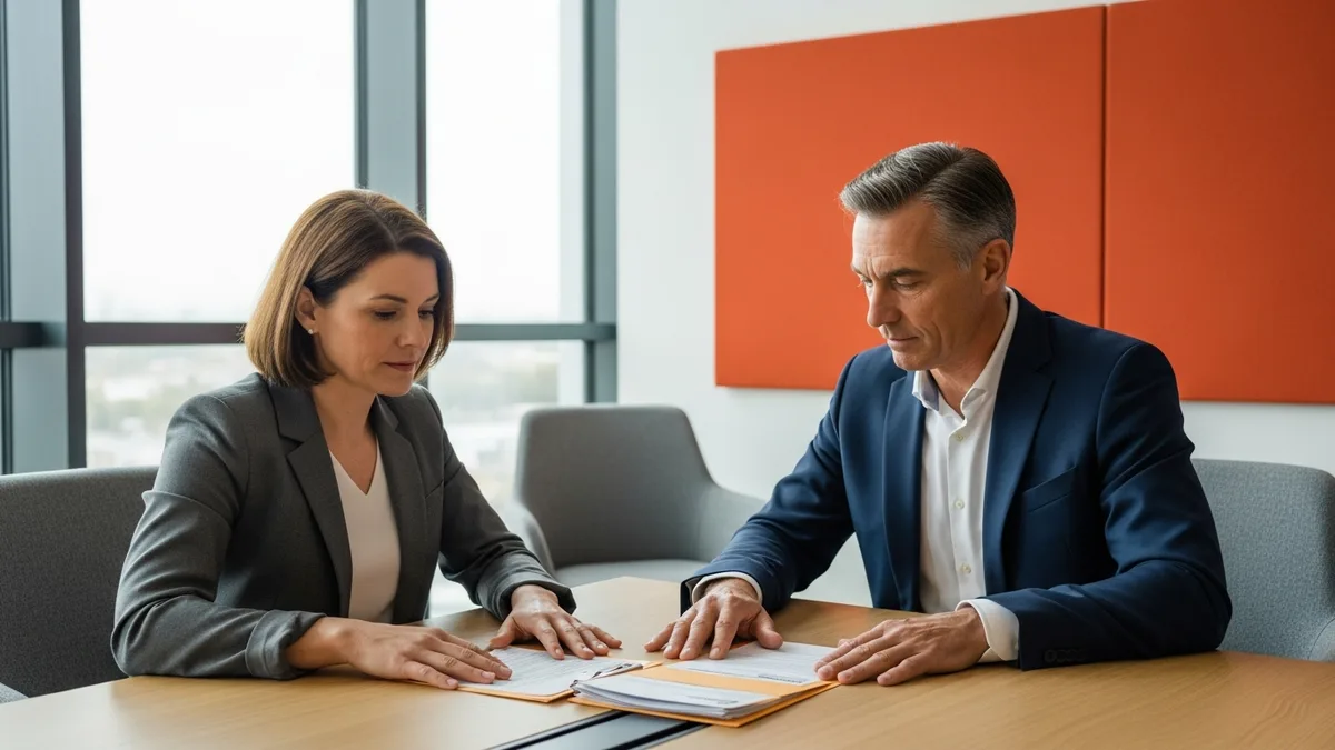 Two hiring executives seated at a conference table reviewing printed executive search candidate folders in an office with an orange accent wall
