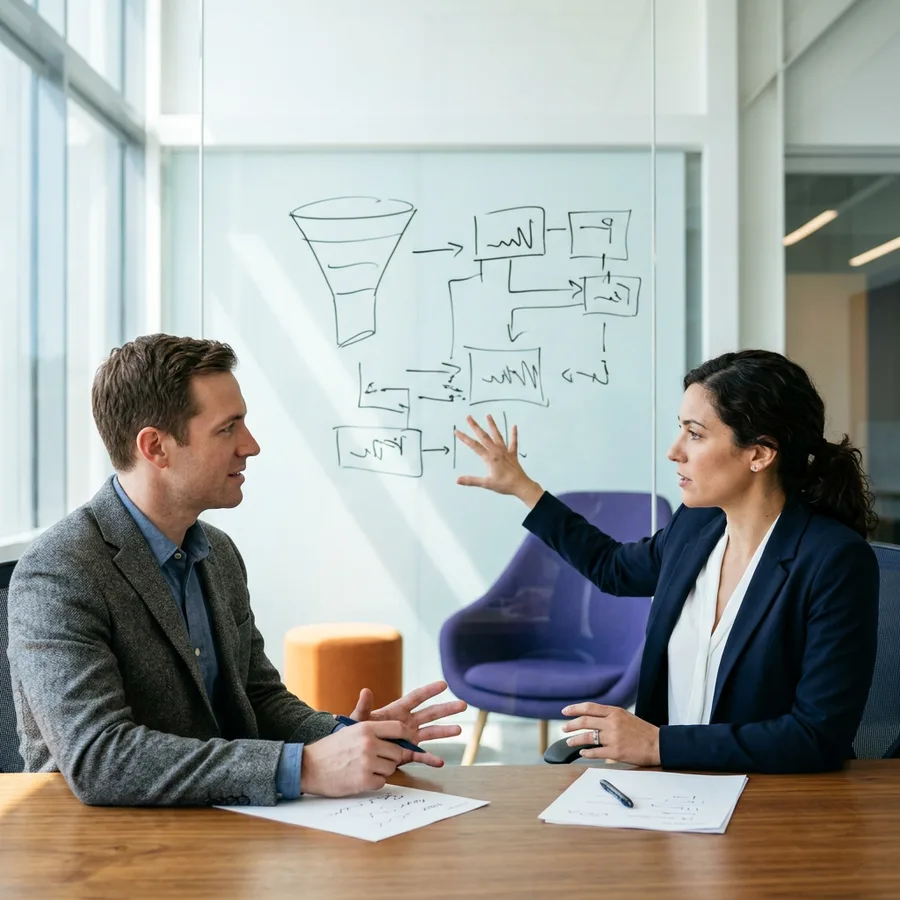 A KORE1 recruiter and a hiring manager scoping a revenue operations role at a table with a whiteboard of the go-to-market funnel behind them