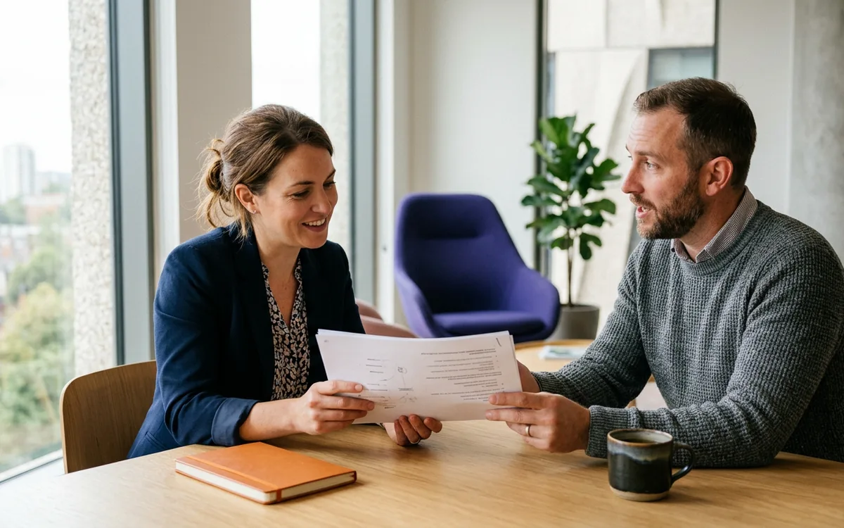 A KORE1 recruiter and a revenue operations candidate reviewing a printed pipeline and forecast report together at a table in a bright modern office