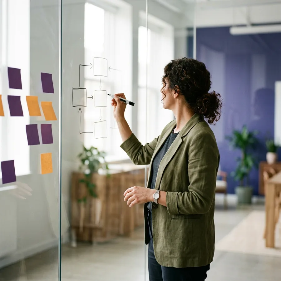 A revenue operations manager mapping a lead-to-cash process on a glass wall covered in a hand-drawn box-and-arrow flow and colored sticky notes