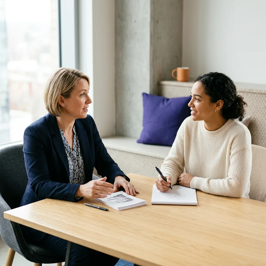 A KORE1 recruiter and a revenue operations candidate in a focused screening conversation across a table with printed pipeline reports