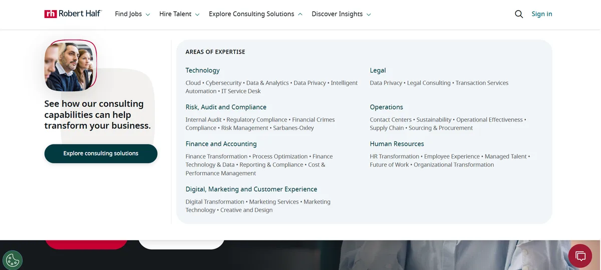 Robert Half homepage showing technology and finance areas of expertise for IT and finance staffing.