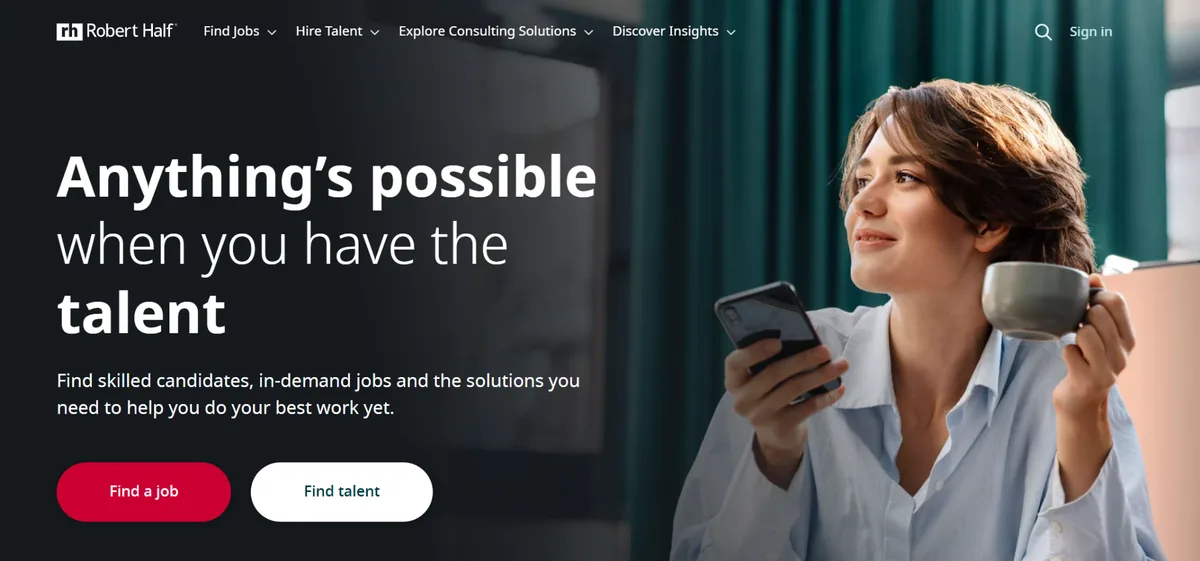 Robert Half homepage showing job search and hire talent navigation, ranked third among IT staff augmentation companies.