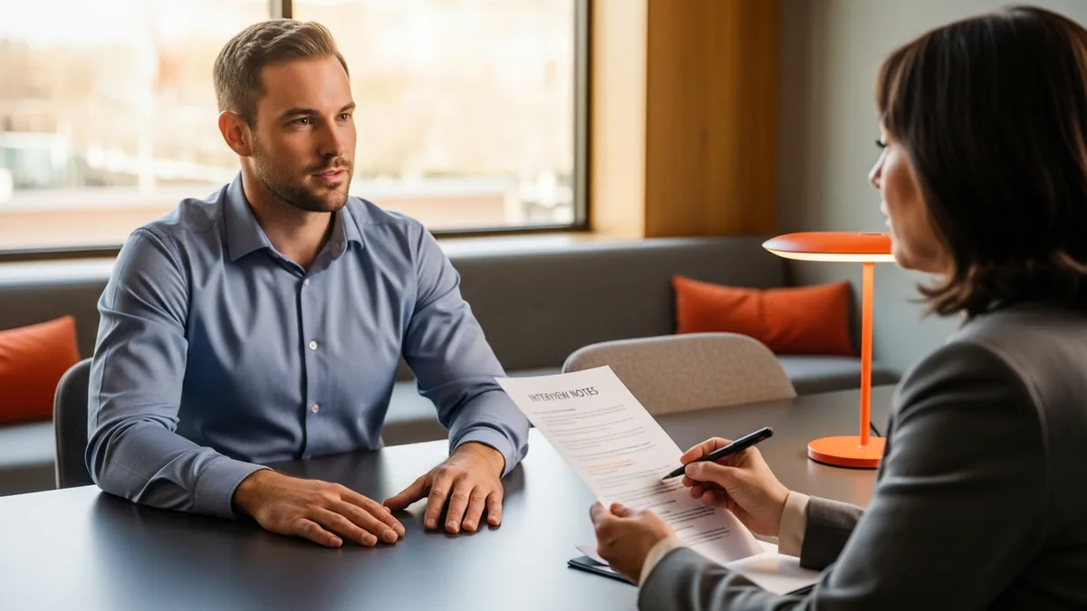 Rust developer candidate answering technical interview questions across a table from a hiring manager reviewing printed notes