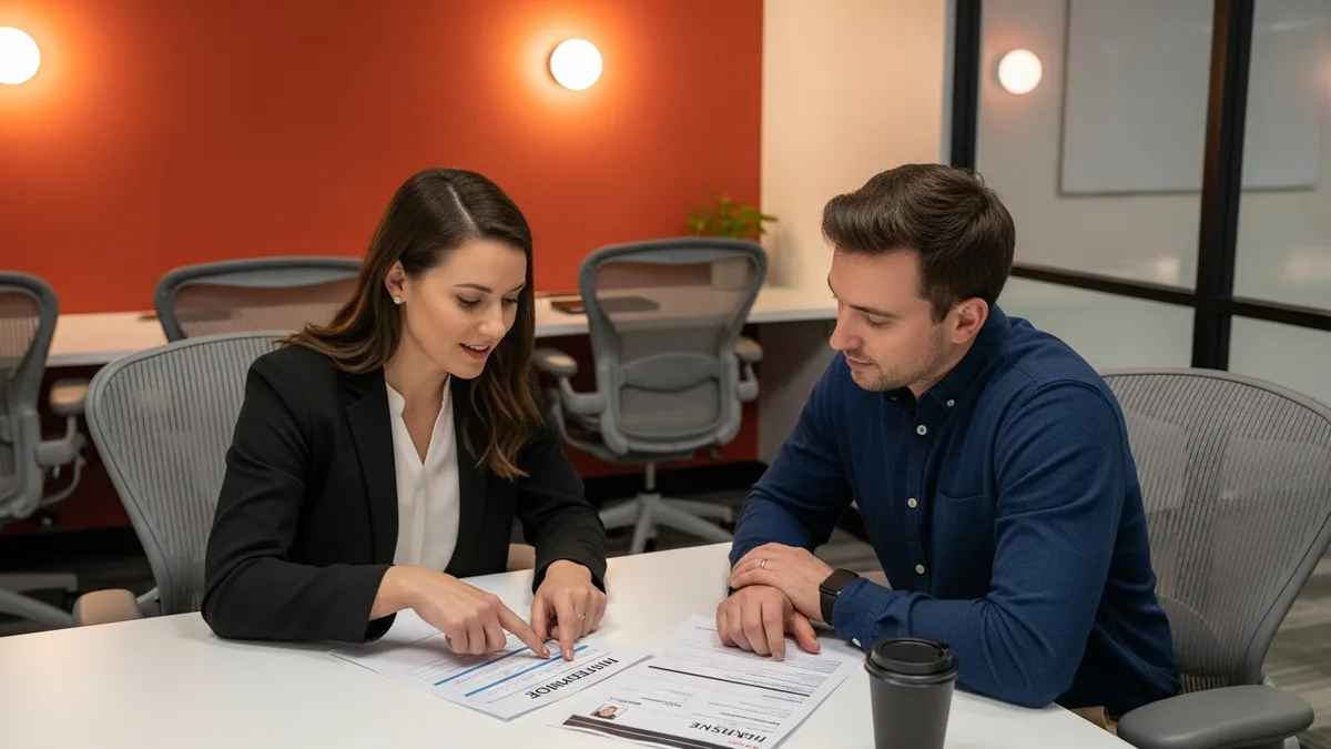A hiring panel reviewing a Rust developer candidate's printed interview scorecard and resume at a conference table during a debrief