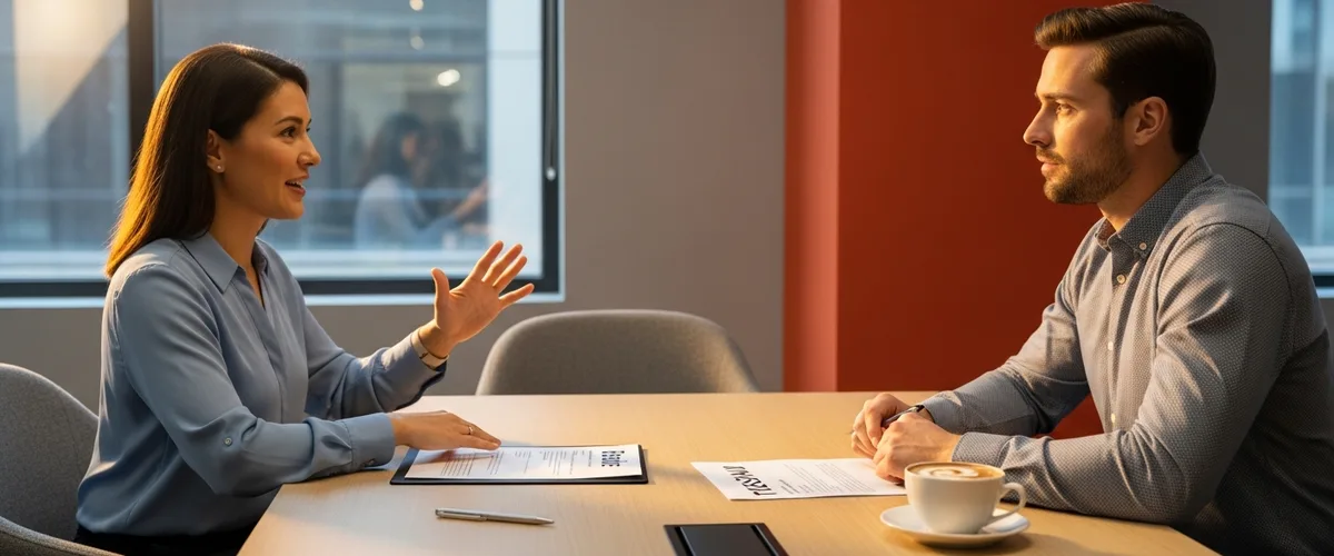 Hiring manager and Rust developer candidate discussing across a conference table with printed resumes during a job interview