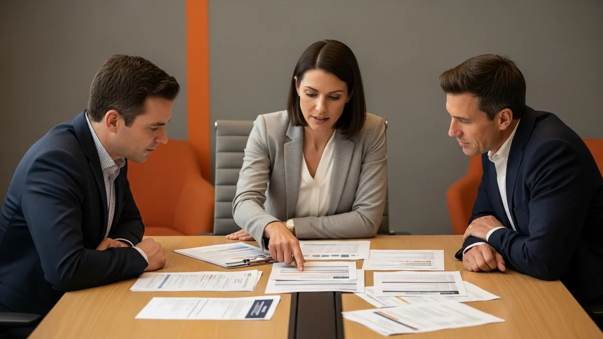 Finance and accounting team reviewing printed reports, representing a Sage Intacct finance hire