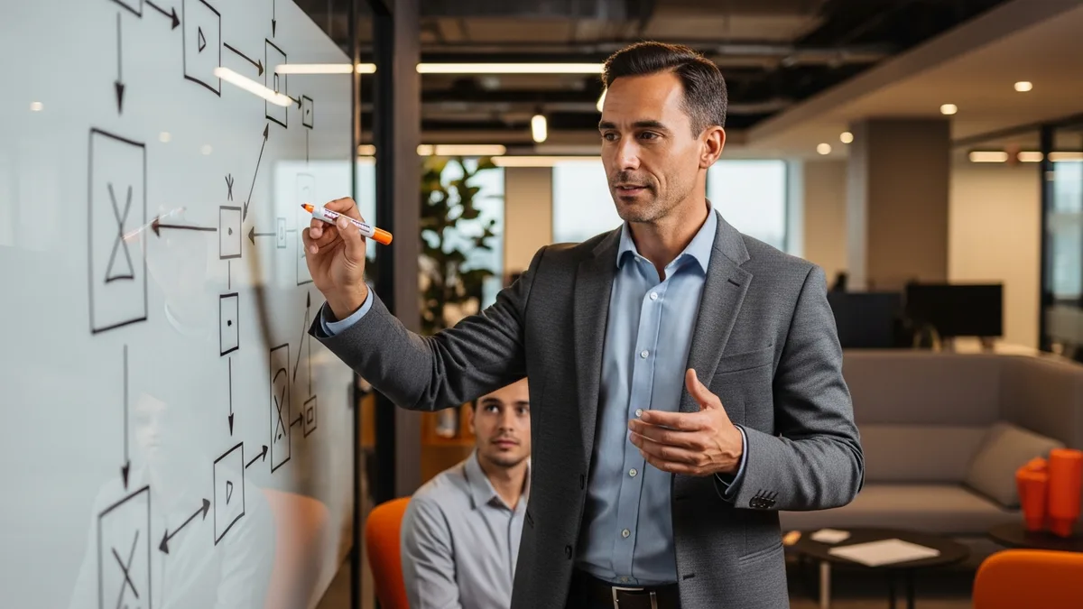 Technology leader mapping a compensation benchmarking framework on a glass whiteboard