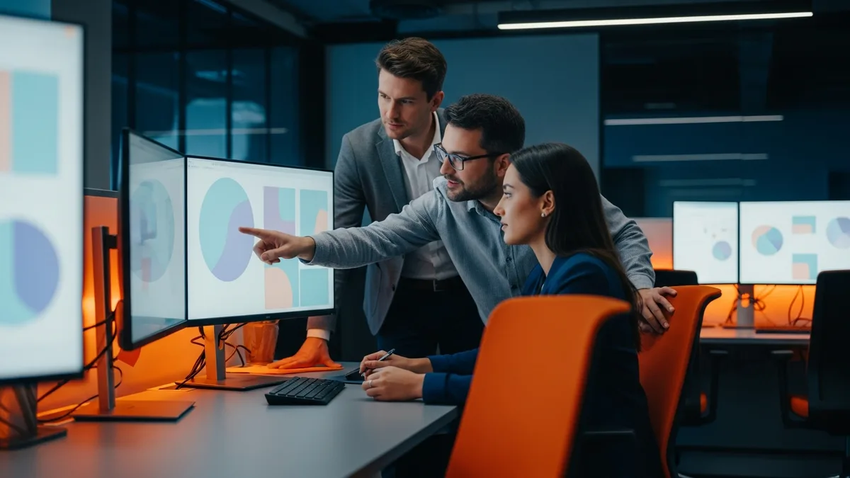Data analysts reviewing live tech compensation market data on multiple monitors