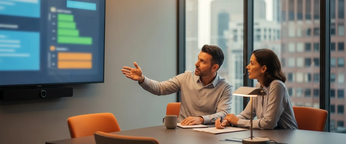 Technology executive and recruiter reviewing tech salary benchmark data on a display in a modern office
