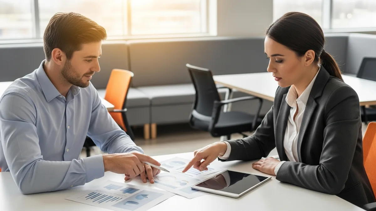 Hiring manager and staffing recruiter reviewing tech salary benchmark charts together at an office table