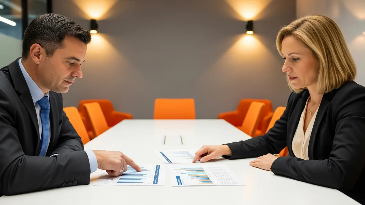 Hiring manager and recruiter reviewing Salesforce administrator salary bands at a conference table