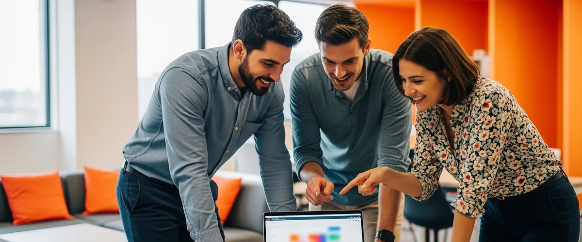 Salesforce team collaborating around a laptop on a CRM project in a modern office