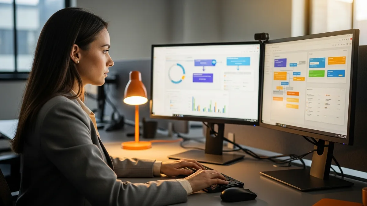 Salesforce administrator reviewing CRM dashboards and automation flows at a dual-monitor workstation