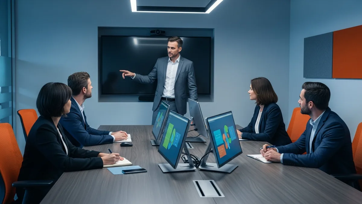Enterprise SAP consultant team planning an S/4HANA migration in a corporate conference room