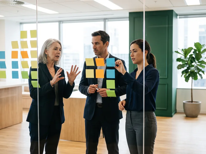 Finance team arranging sticky notes into columns on a glass wall during an SAP month-end close working session