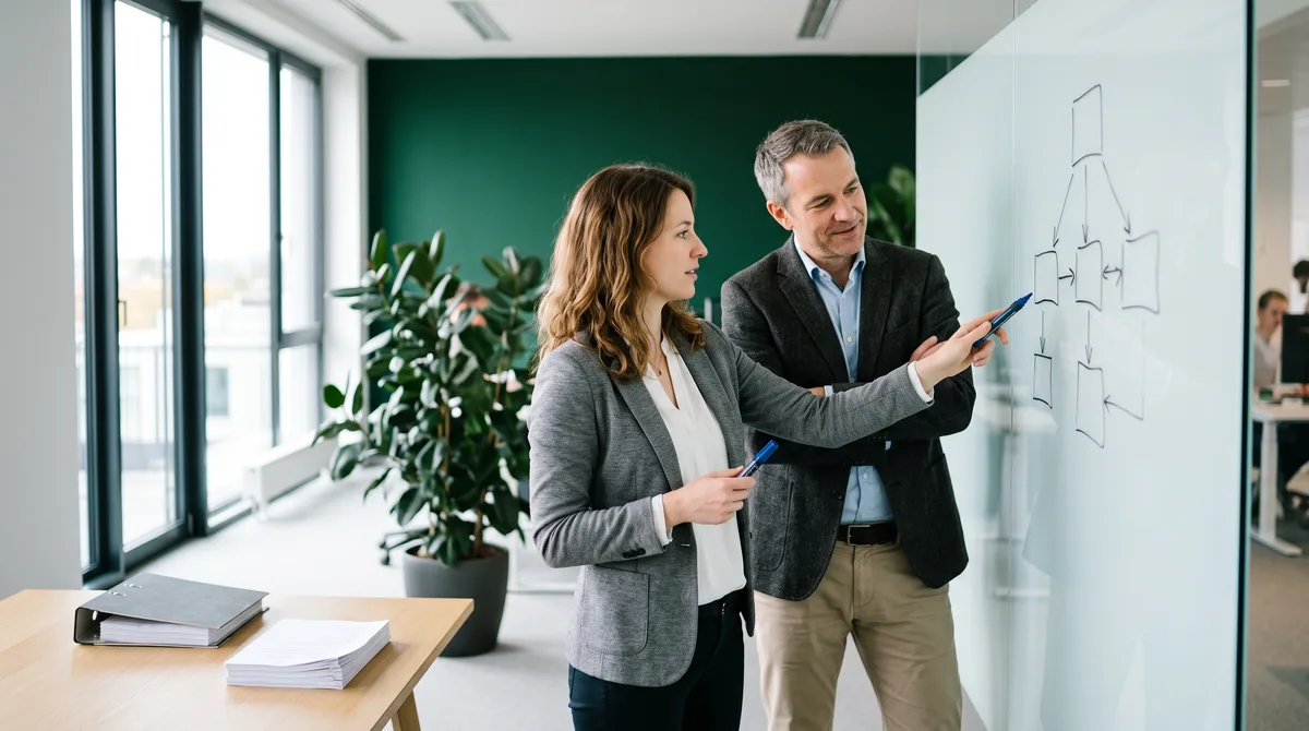 SAP FICO consultants reviewing a financial process and a printed ledger at a glass whiteboard, KORE1 SAP FICO consultant staffing